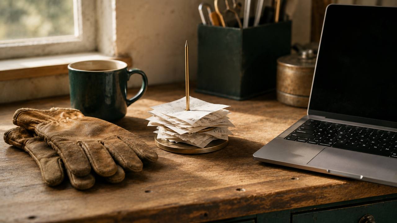 Work gloves, a spike of receipts, and a laptop on a contractor workbench — tracking 1099 business write-offs
