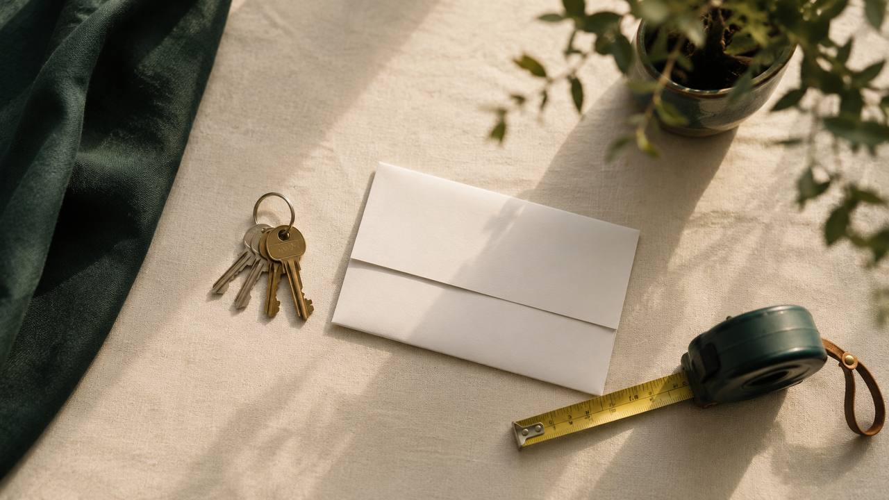 House keys, a sealed notice envelope, and a tape measure on linen — a Los Angeles County property assessment arriving