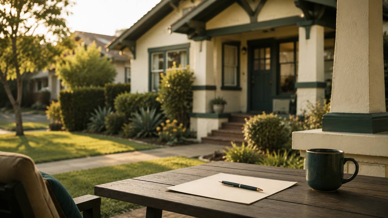 California craftsman home at golden hour with paperwork and a pen on the porch table — understanding your property tax bill
