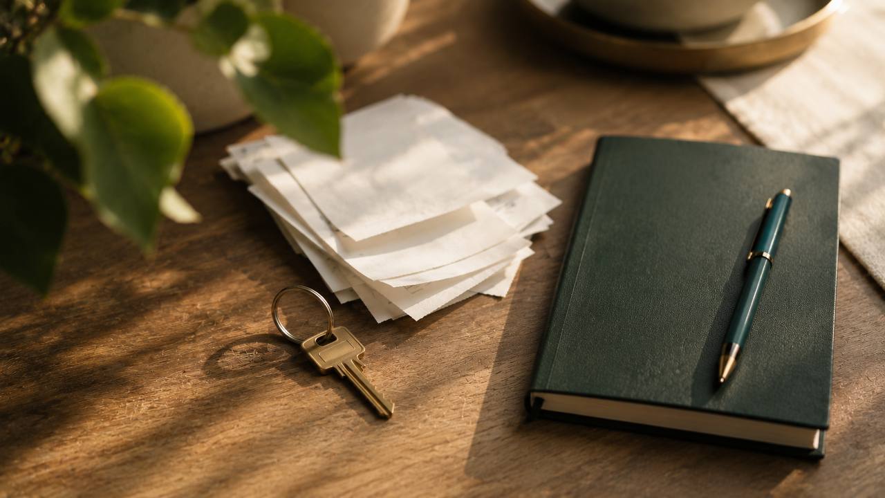 Rental property key beside a stack of receipts and an expense ledger — tracking landlord tax deductions