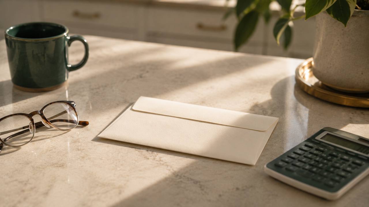 Property tax bill envelope on a kitchen counter with a calculator and reading glasses — checking whether the assessment is too high