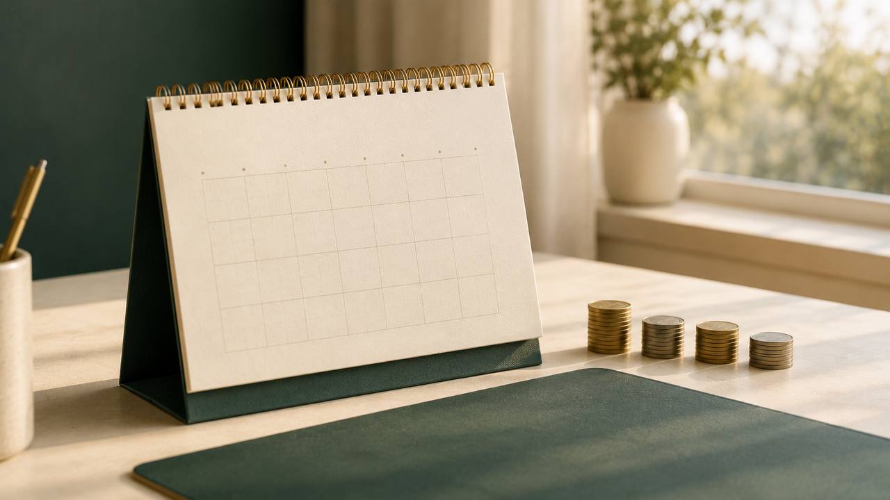 Desk calendar with four stacks of coins representing the four quarterly estimated tax payment deadlines