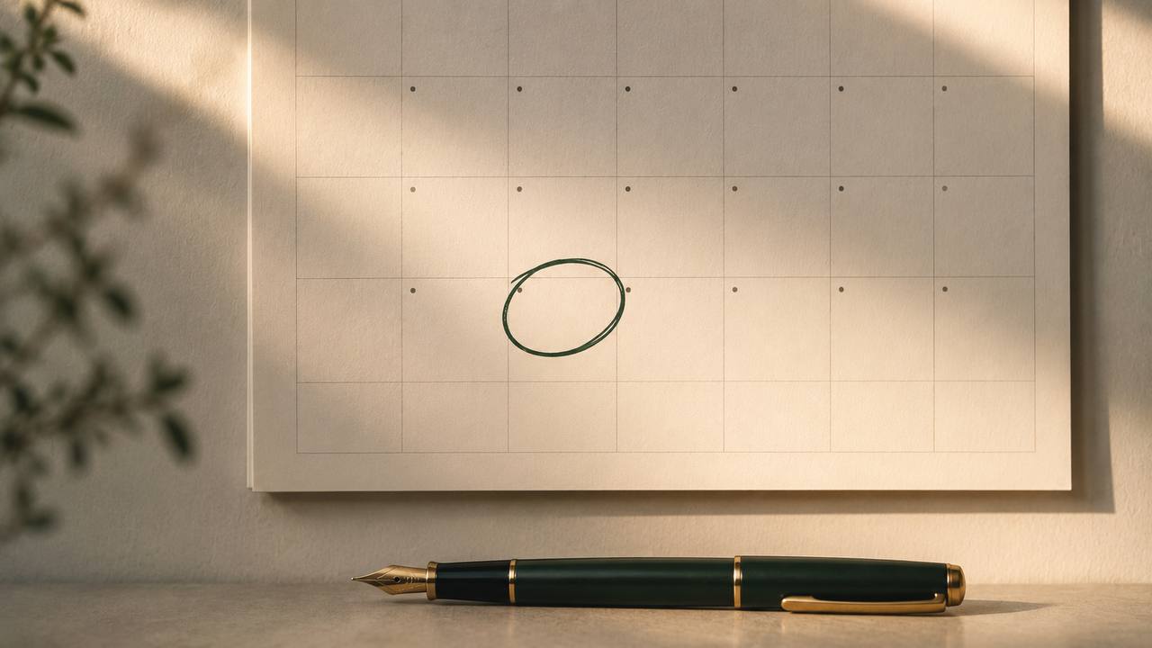 Wall calendar with a single date circled in green ink and a fountain pen — the S-corp filing deadline