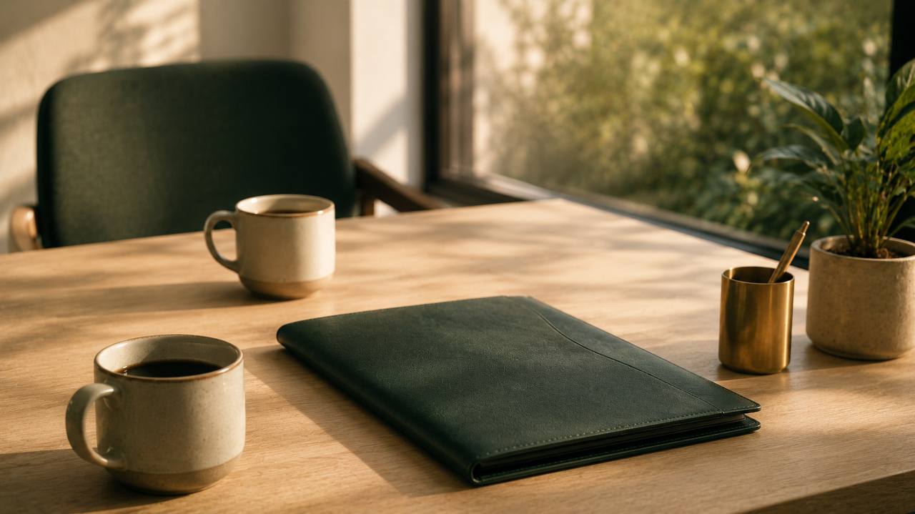Two coffee mugs and a leather portfolio on a sunlit desk